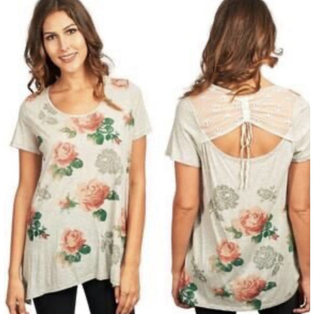 Love & Liberty by Johnny Was gray floral tunic top Size Large. Lace Floral